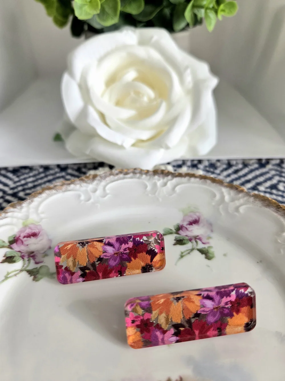 Floral Rectangle Hair Clips - Pink, Orange & Purple